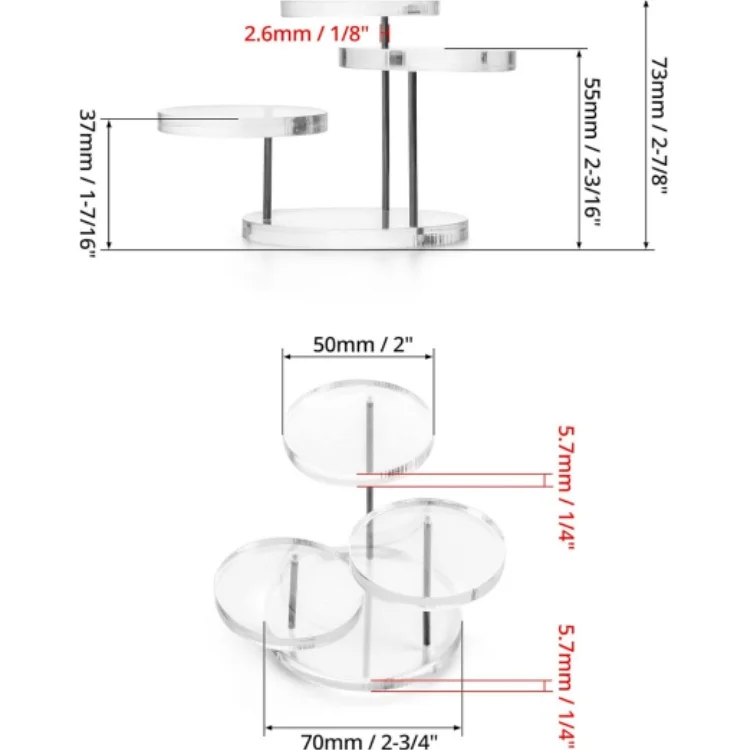 BOSN Round Acrylic Products Display Riser Stands, 3 Tier Jewelry Display Stands for Rings Earrings,Mini Figurines, Clear, 2 Pack