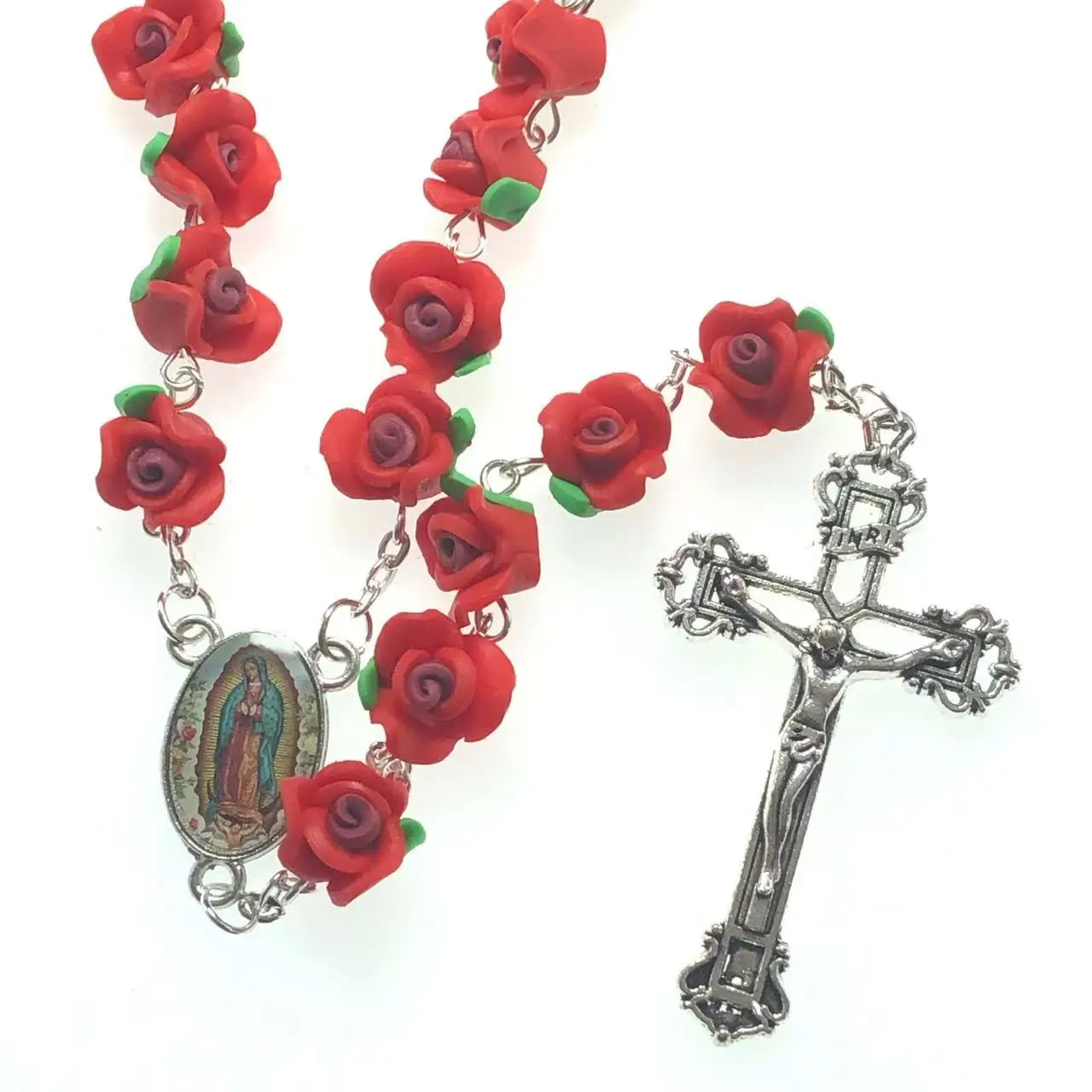 Red soft ceramic rose beads rosary polymer clay necklace with Jesus cross Virgin Guadalupe rosary center