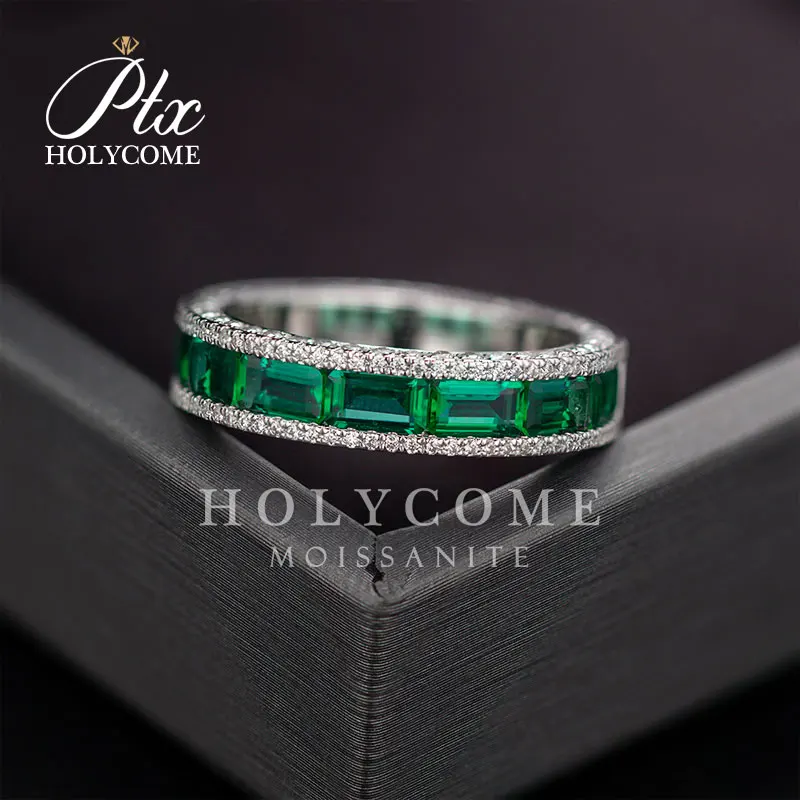 2023 Custom make  gems silver plated 18k gold GREEN  emerald cut moissanite diamond wedding ring for women Holycome
