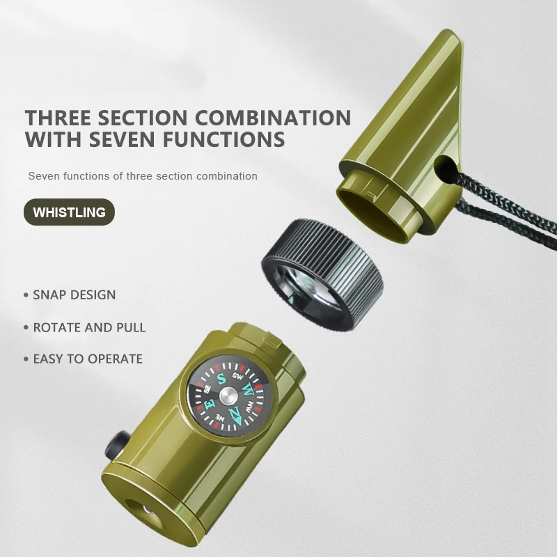 Outdoor Seven-in-One Survival Multifunctional Emergency Portable Emergency Compass Magnifying Glass Torch Therm Whistl