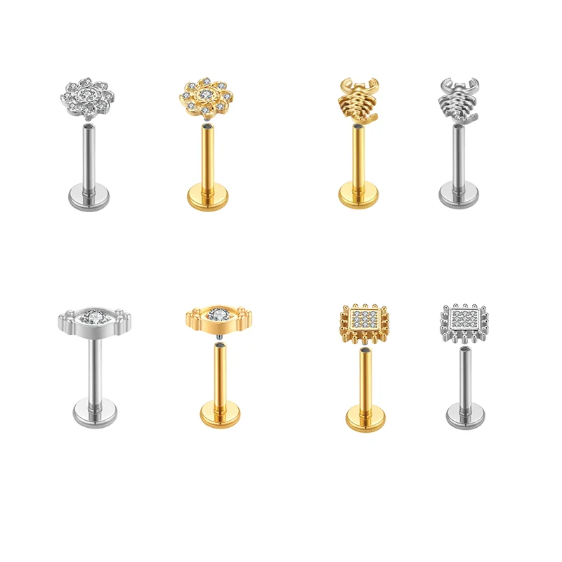 new arrival  G23 titanium scorpion lip nail labret Square sunflower zircon ear stud earring piercing jewelry
