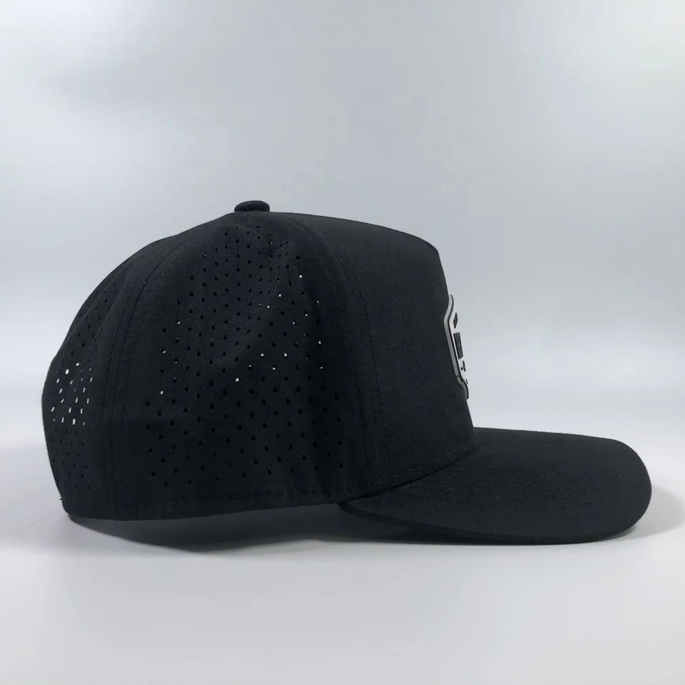 OEM high quality fashion black 5 panel polyester waterproof sport hat custom rubber pvc patch logo laser cut baseball cap