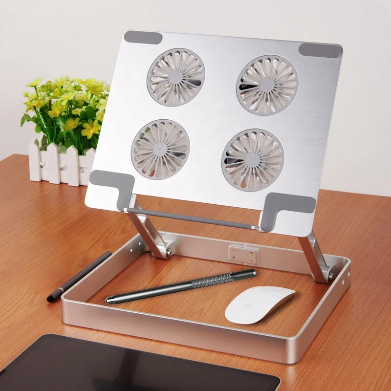 Universal Adjustable Bracket Vertical Laptop Stand With Multifunctional Storage And 2 Cooling Fans Foldable Aluminium Holder