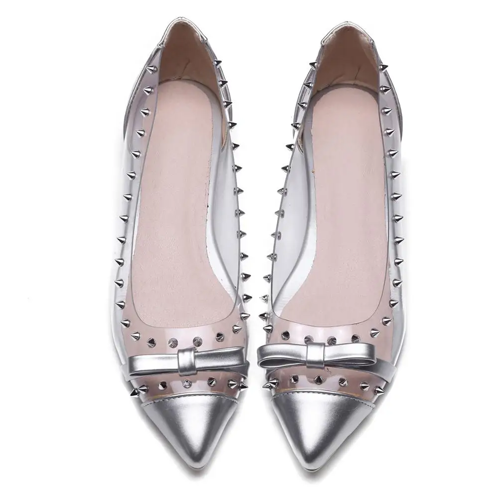 
New Arrival Rivets Bow Slip on Pointed Toe Transparent Fashion Ladies Shoes Women Flats 