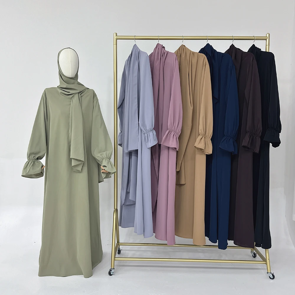 Modest Muslim Women One Piece Prayer Hijab Dress Solid Color Plus Size Trumpet Sleeves Ramadan eid Jilbab Abaya Muslim Dress