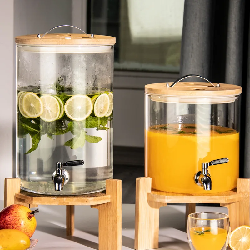 Customized 5/8/11L high borosilicate Glass Large capacity Beverage Dispenser with Wooden lid multifunctional glass jar