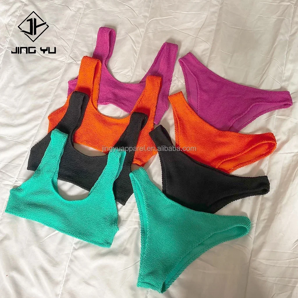 2024 Famous Brands Textured Stretchy Bandeau Bikini Custom Logo Swimwear Women Crinkle Rib Fabric Bikini