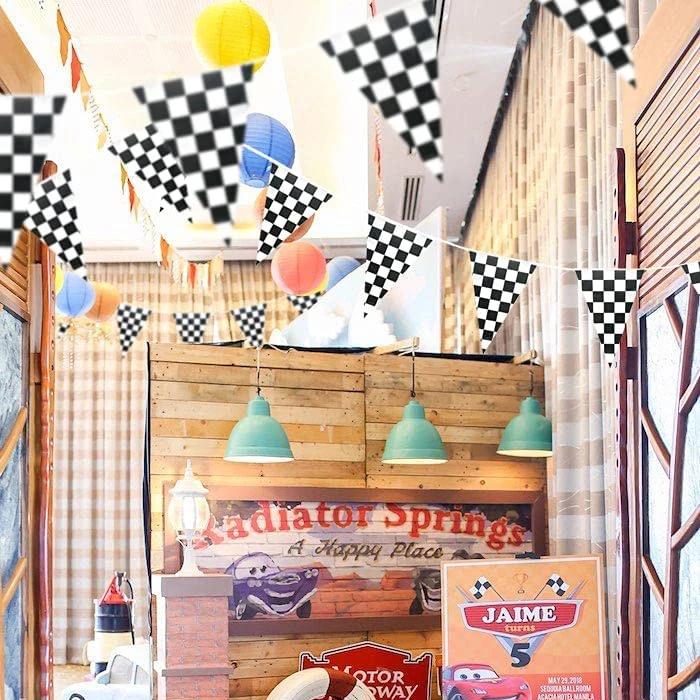 Black and White Checkered Flag Banner Racing Birthday Decorations, for Nascar Race Party