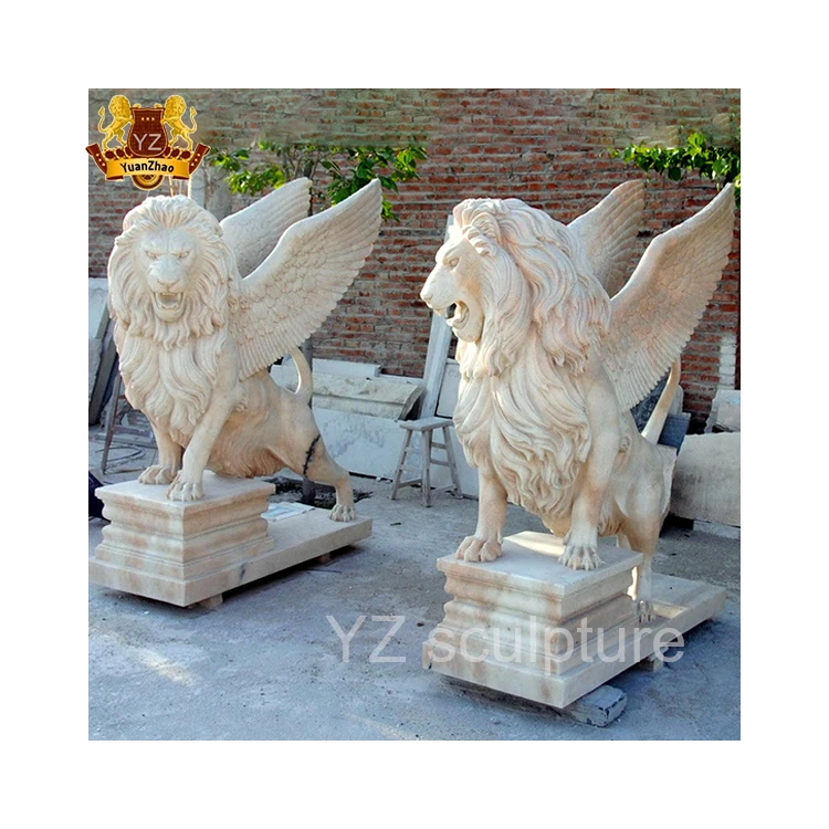 Outdoor Garden Hand-Carved Natural Marble Stone Lion Statue Granite Right & Left Lion Status Winged Marble Lions Statue
