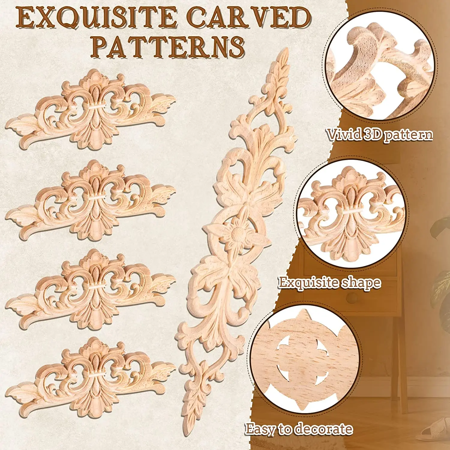 Wood Appliques Onlays Carved Long Decorative Wood Applique Trim Wooden Decal Corner Frame for Furniture Cabinet Dresser Bed Wall