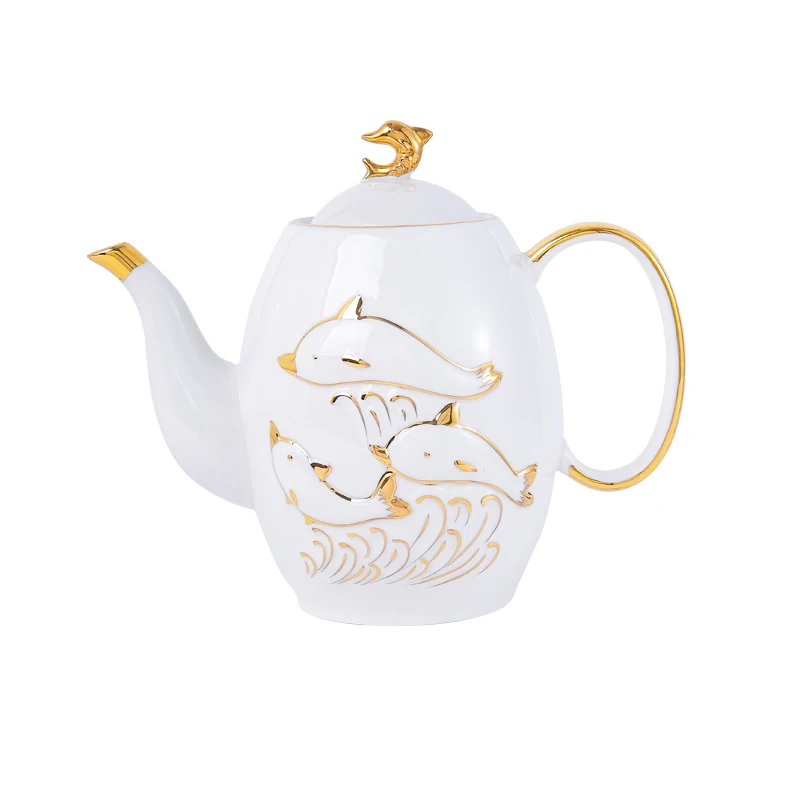 
European-style elegant dolphin pattern design and high-grade ceramic bone china teapot coffee cup tea set with base 