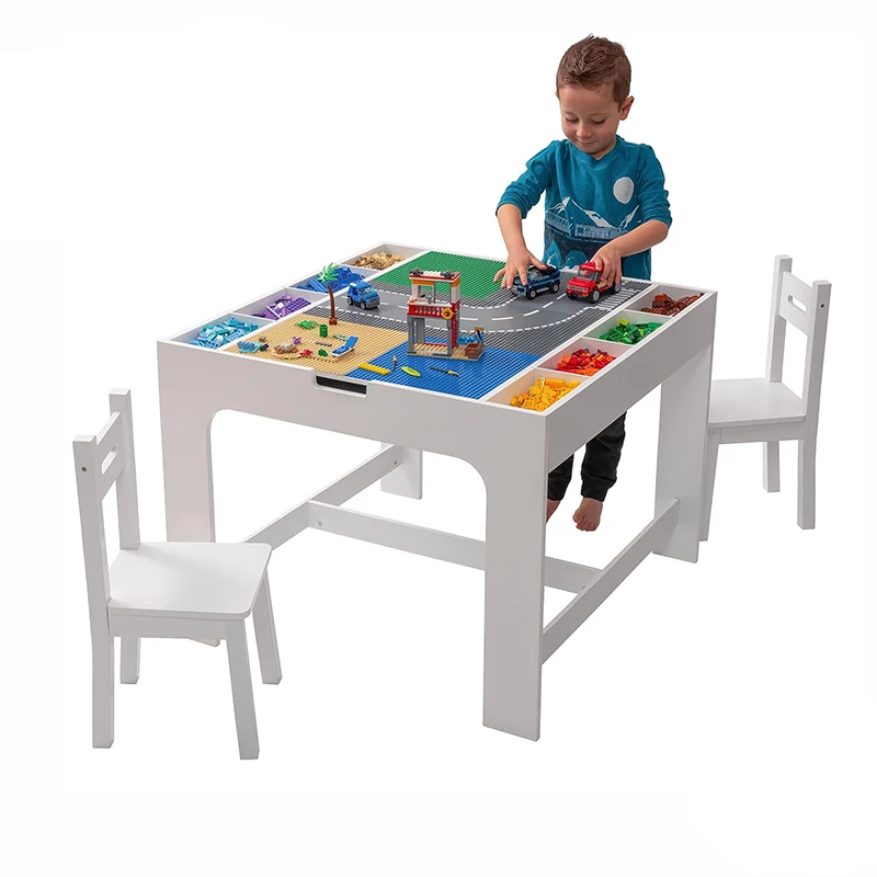 Kids 2 in 1 Play Table and 2 Chair Set with Storage Compatible with Lego and Duplo Bricks Activity Table Play Set Furniture