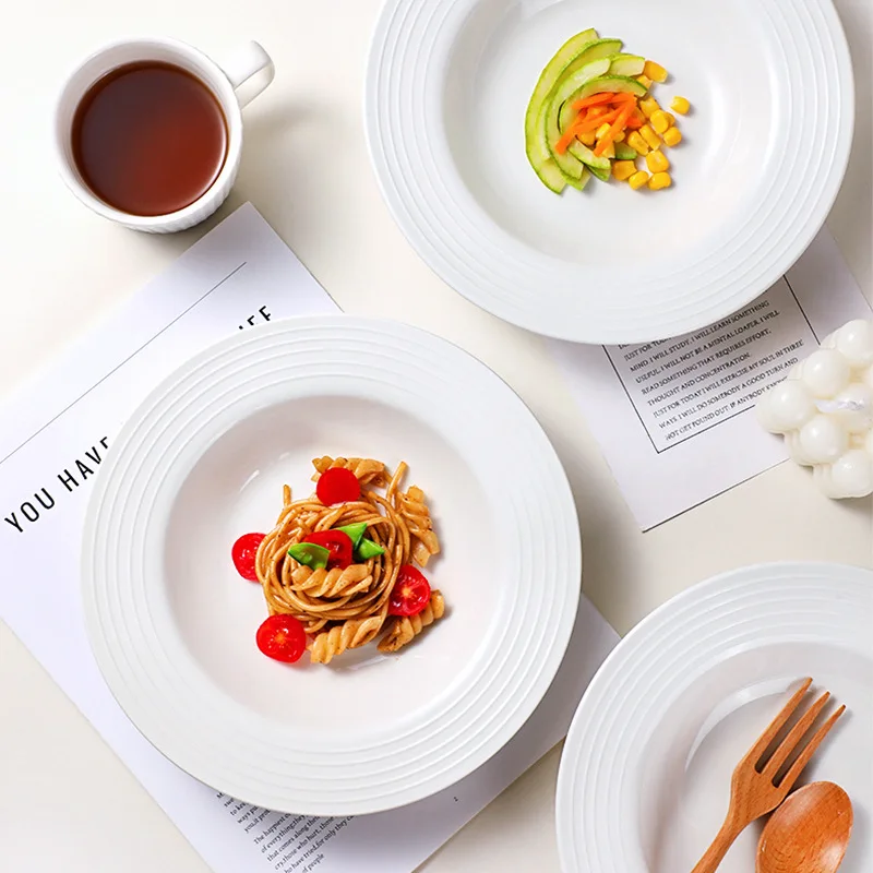 Restaurant High Fired Porcelain Pasta Plate Big Wide Rim Soup Plate White Ceramic Pasta Dish Plates