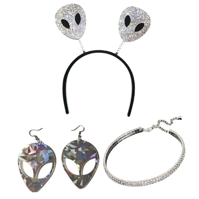 Funny Alien Costume for Kids Adults Alien Headband Gloves Sparkly Necklace Alien Earrings Alien Cosplay Accessories