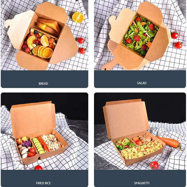 Disposable Takeway Food Packaging Kraft Paper Lunch Bento Box Paper Takeout Food Box