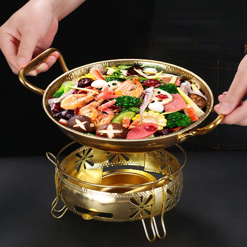 Gold Stainless Steel Restaurant Serving Plate Saute Pan Deep Frying Seafood Pan Paella Cooking Ramen Pot