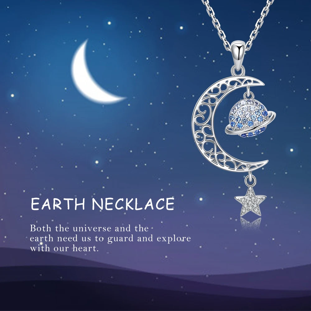 Wholesale 925 sterling silver inlaid blue zircon delicate and lovely half moon planet star tassel shape ladies necklace