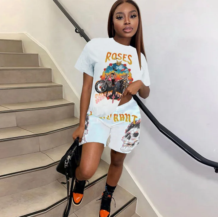 2021 New Arrivals Digital printing short sleeve Set Women Fashion summer Clothing Tracksuit Two Piece jogging Shorts Sets