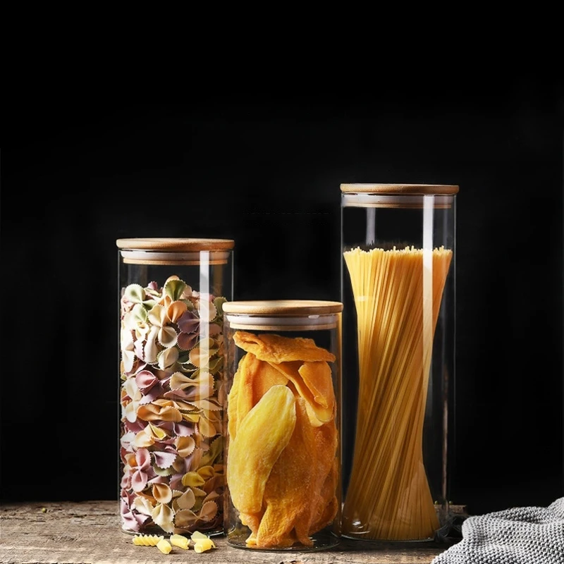 Kitchen Bamboo and Wood Stopper Glass Sealed Jar Glass Straight Canister Tea Seal Pot Candy Storage Jar Clear Airtight Canister