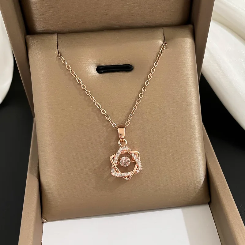 Korean titanium steel new shining necklace crown geometric lock zircon micro-inlaid clavicle chain For Women