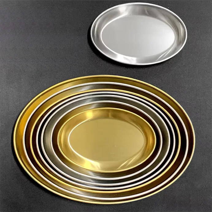Wholesale custom multiple specification Korean style silver gold oval stainless steel food serving trays  plates for  cooking