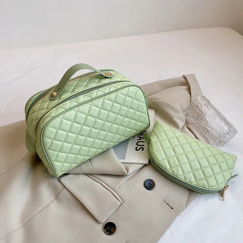 Waterproof pu leather large capacity beauty case tote handle makeup bag diamond pattern zipper function women cosmetic bag