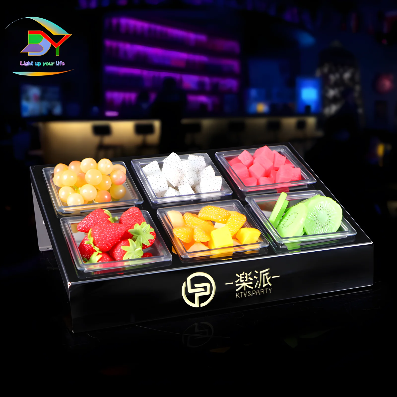 Bar Luminous Fruit Plate Brushed Stainless Steel Light Luxury Four-six Grid KTV Snack Platter High-end