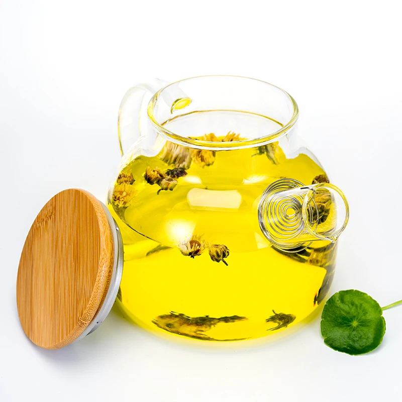 Modern 800ml 1000ml 1200ml Transparent Borosilicate Glass Tea Maker Chinese Tea Pot Bamboo Lid Glass Teapot with Colourful Box