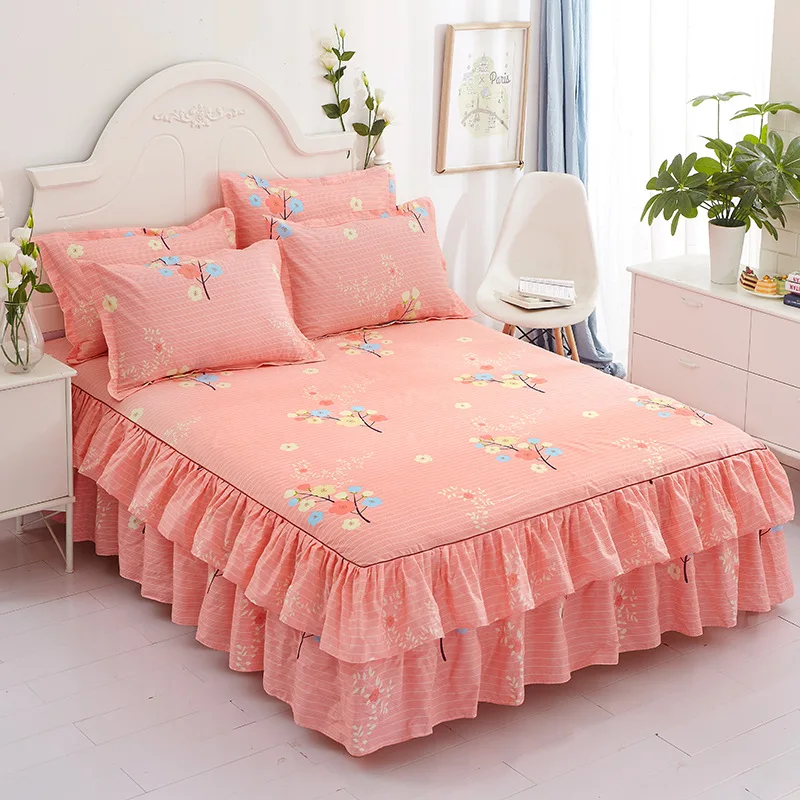 Bed Skirts Set Double Layer Bedspread Floral Printed Bed sheet Bilateral Bed Skirt + 2 Pair Of Pillowcase bedsheets