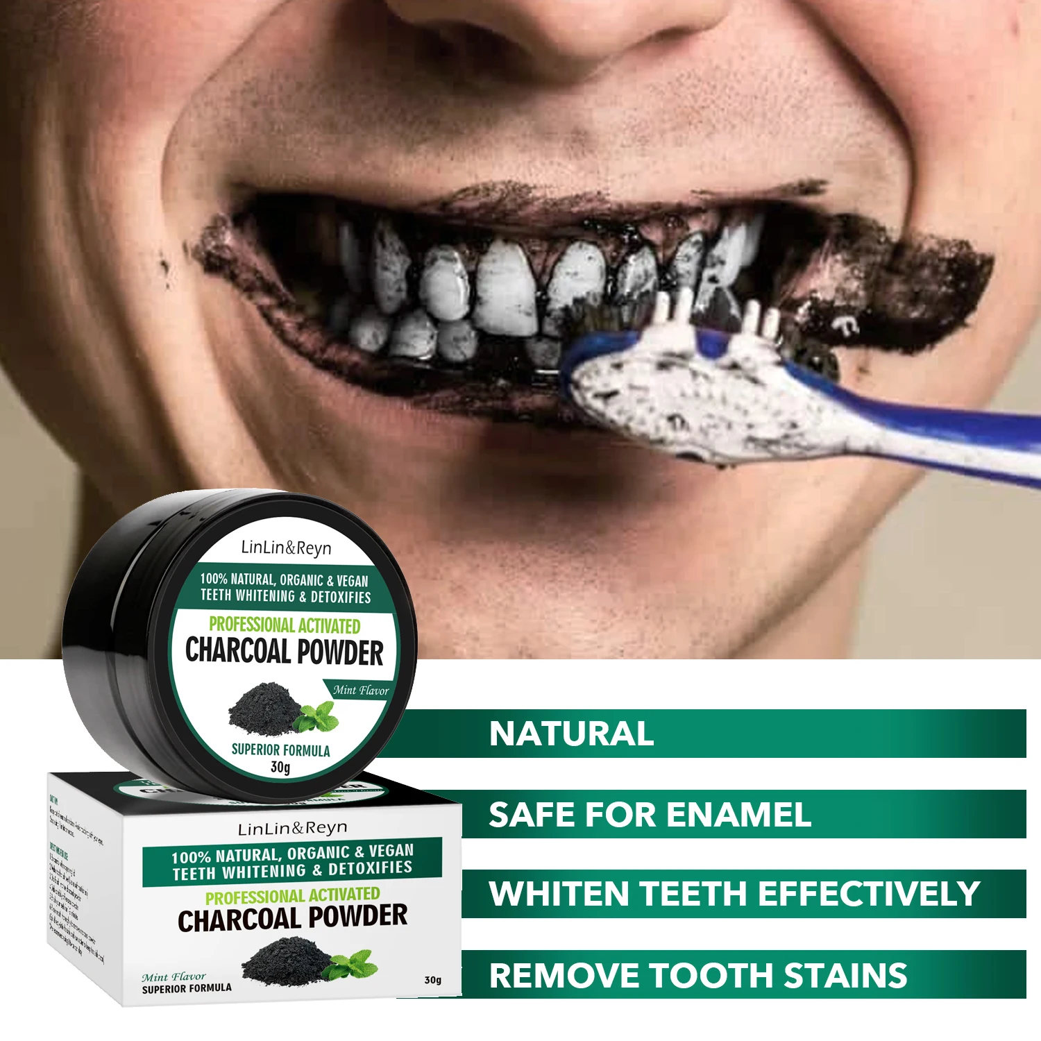 100% Natural Organic Activated Coconut Shell Charcoal Teeth Whitening Bleaching Tooth Powder