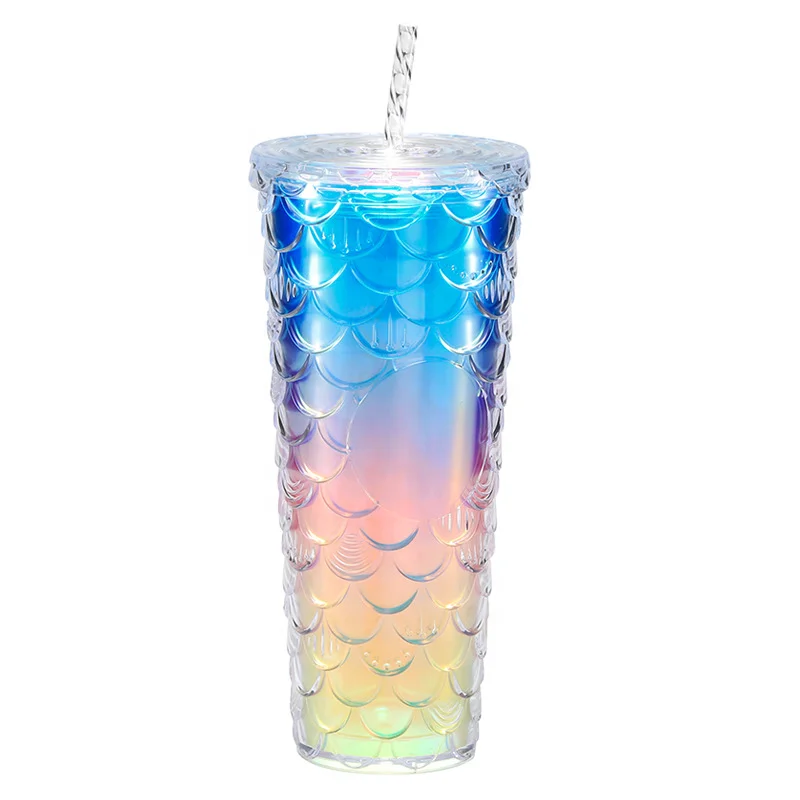 New Arrival large capacity high appearance level gradient Double Wall fish scale Plastic Tumbler cup