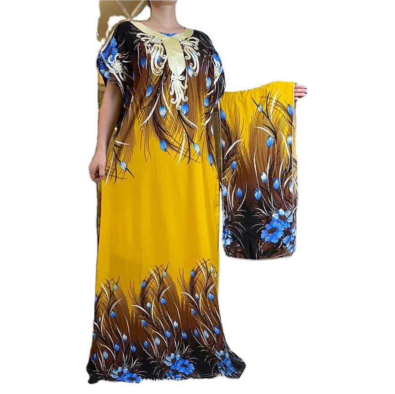 ready for ship lisam woman big free size soft rayon abaya cotton prints dress with big size scarf