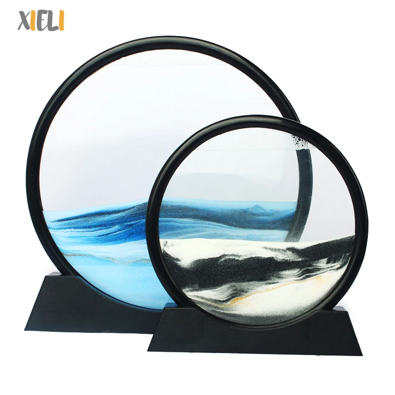 Moving Sand Art Picture Round Glass 3D Deep Sea Sandscape in Motion Display Flowing Magic Sand Frame for Craft Gift