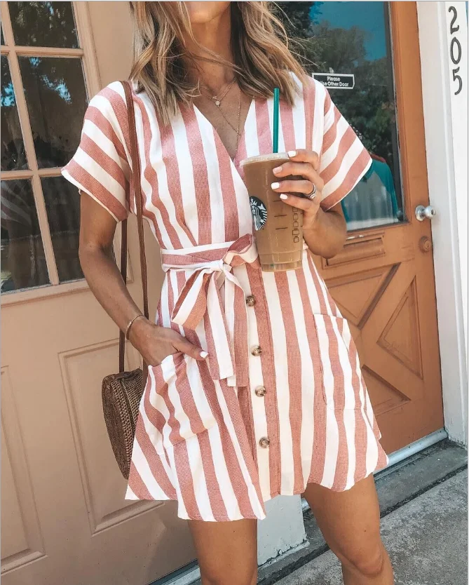 
Ready To Ship Amazon Top Seller Women Stripe V Neck Short Sleeve Mini Casual Dress 