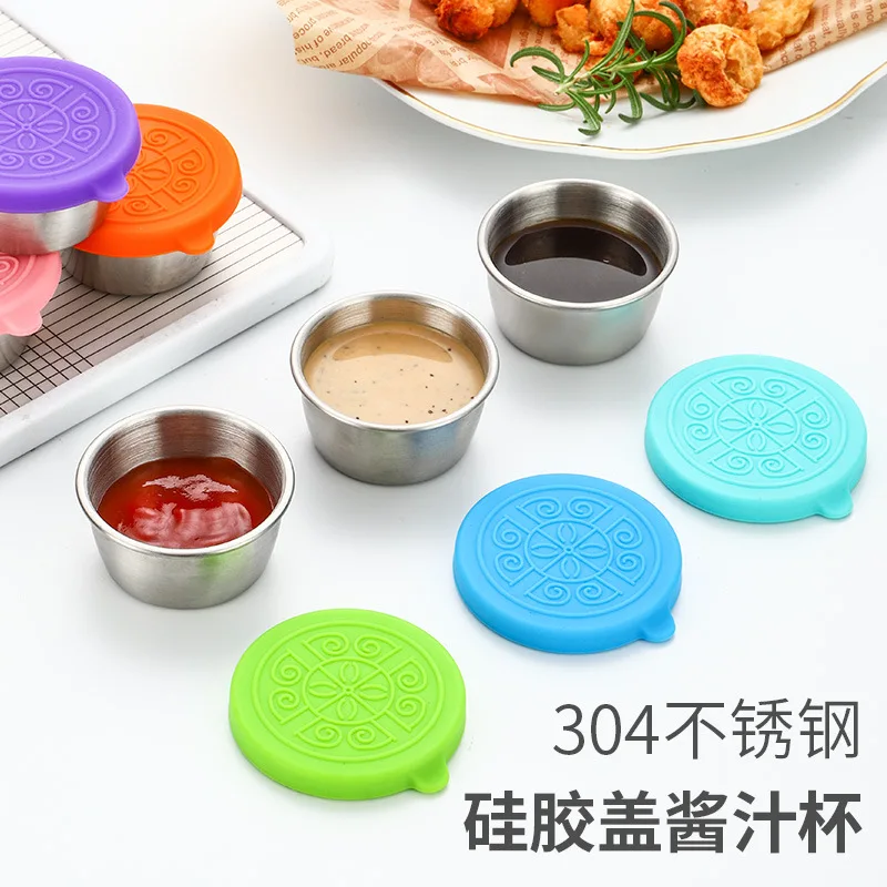 Portable 40ml Stainless Steel Sauce Cup with Silicone Lid for Ketchup Salad Dressing Kitchen Use