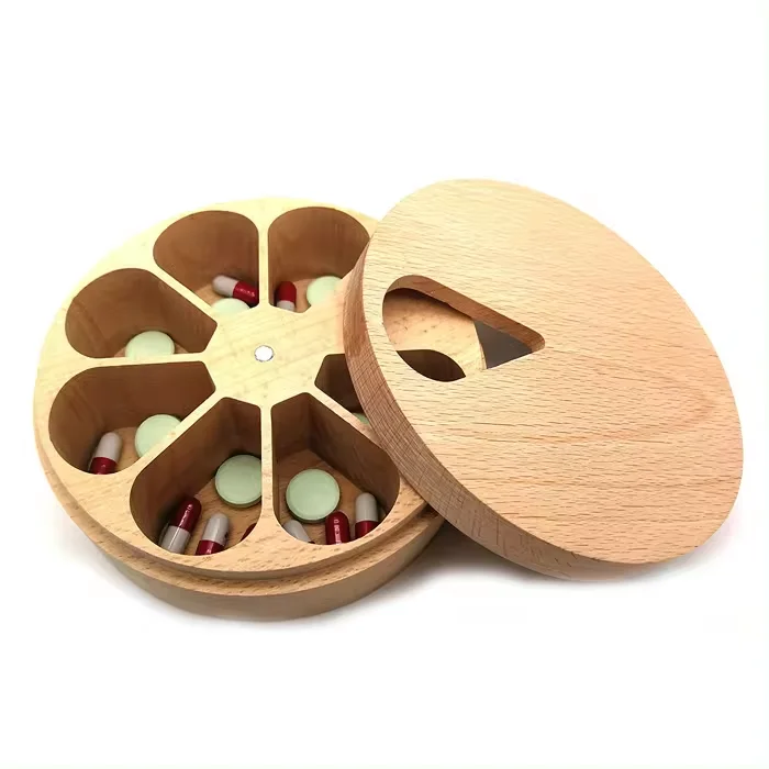 Wholesale Solid Wood 7 Days Pill Organizer Salt Containers Beech Wooden Spice Holder Box
