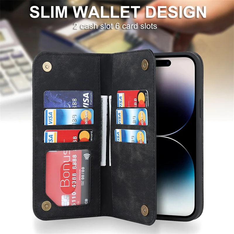 Flip Wallet Phone Cover Multiple Card Pouch Mobile Phone Case Leather Magnetic Case For iPhone 15 14 13 12 Pro Max