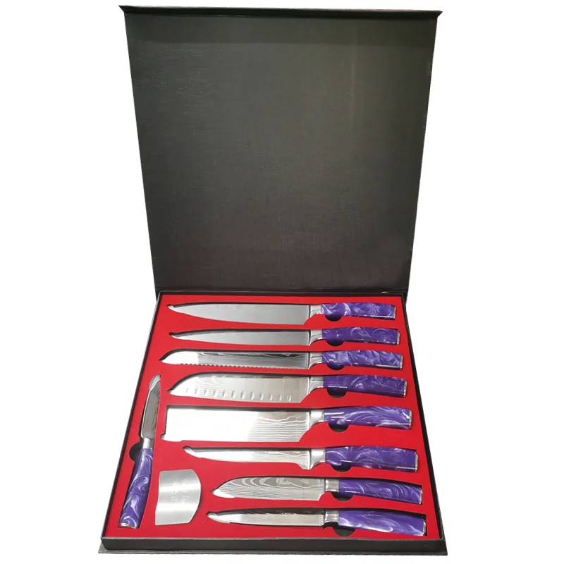 Popular 9 Pieces laser pattern german steel colorful handle boxed kitchenware knife gift set with finger protector