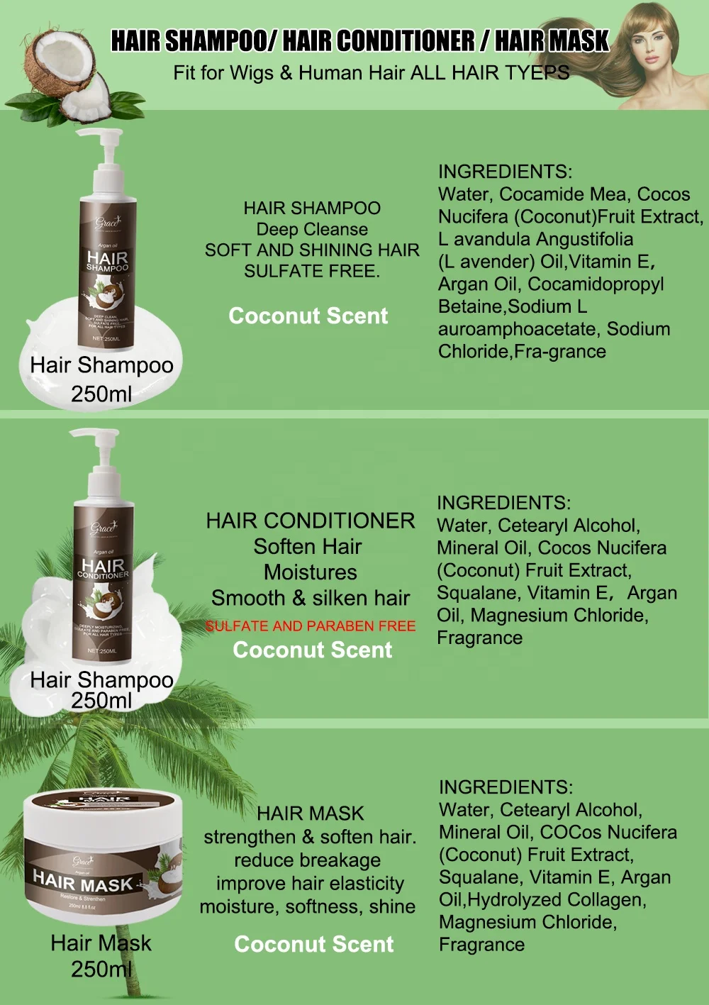 Private label Hair Smooth Silky Deep Nourish Strengthen Broken Hair coconut Argan Oil Wig Care Hair Masque Conditioner Shampoo