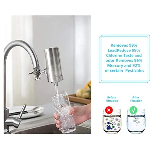 304 stainless steel faucet water purifier with ceramic filter cartridge, can remove sand, silt, rust, red worms, etc.