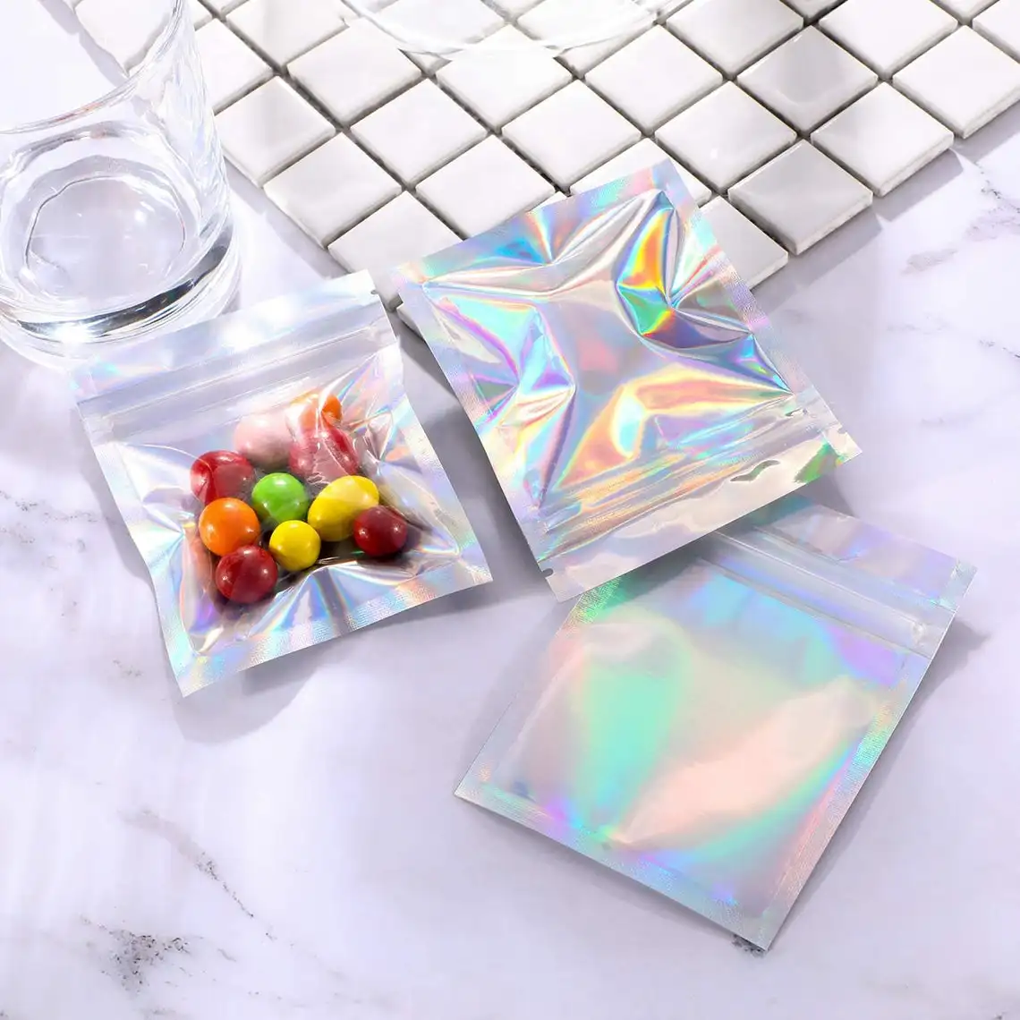 
Plastic Food Packaging Clear and Silver Metallic Foil Side Gusset Zipper Bags 