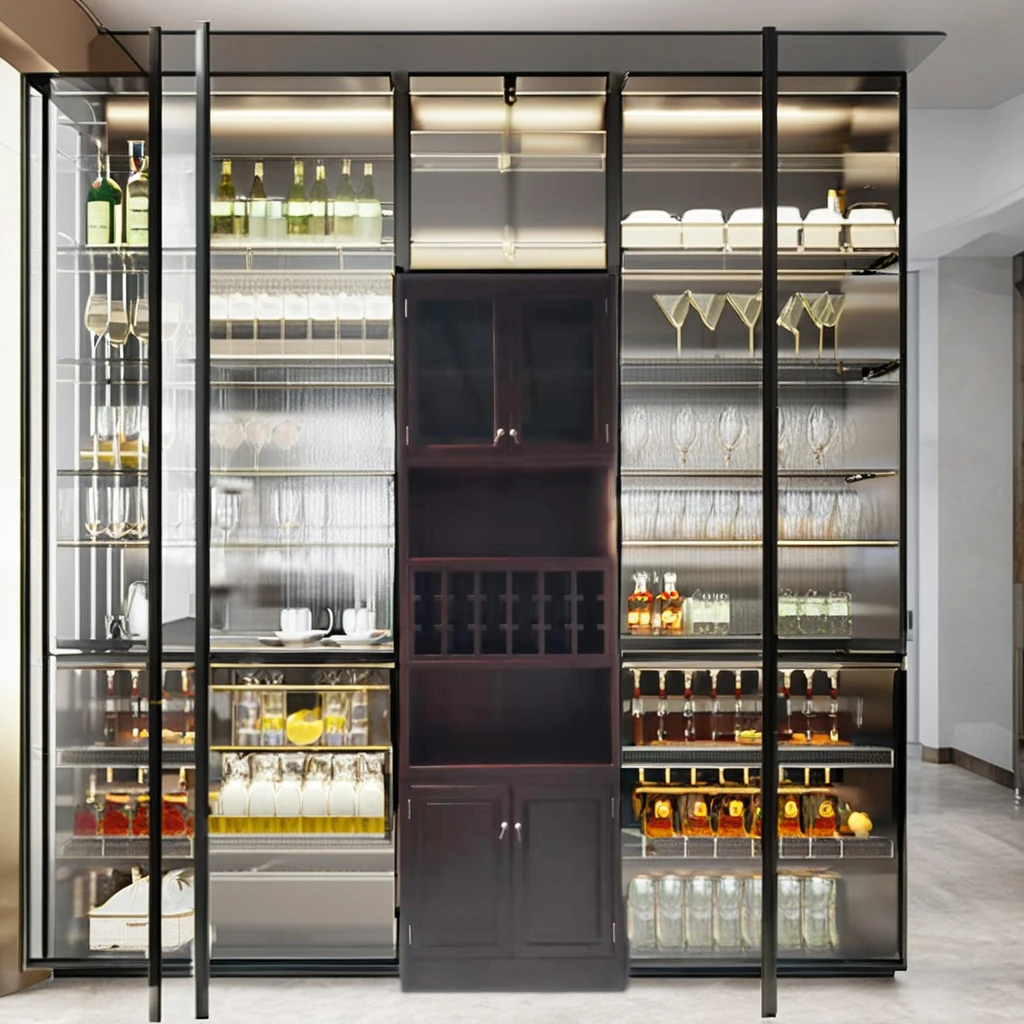 Solid Wood Furniture Custom Mini Home Kitchen Rack with Temperature Controlled Wine Cooler Constant Bar Cabinets Display Furniture Made of Wood and Glass