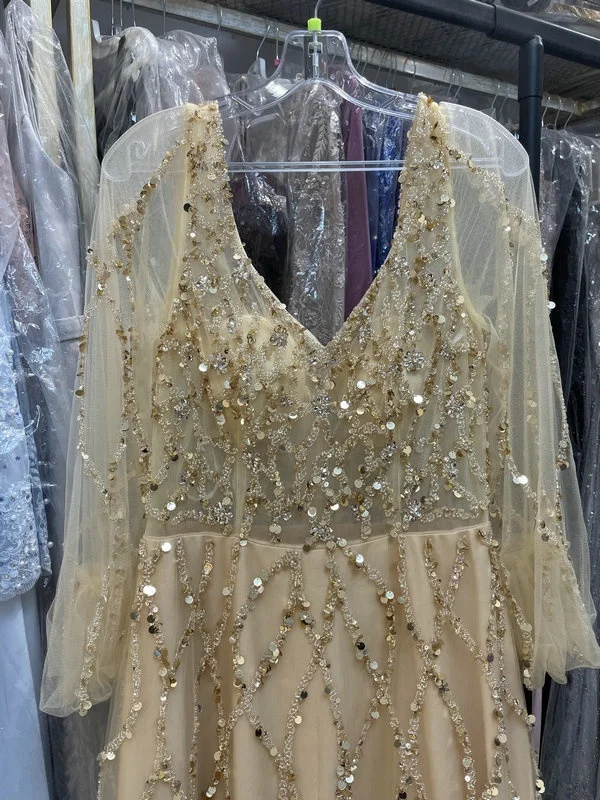 Latest Illusion Beaded Sequin V Neck Long Sleeves A Ling Dubai Muslim Muslimah Women Party Night Prom Dresses Gowns For Ladies