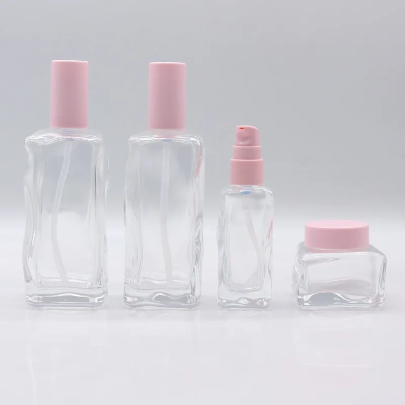 Matte Pink Lid 30ml 120ml 150ml Special Shape Square Glass Serum Pump Bottles 50 gram Skincare Cream Jars
