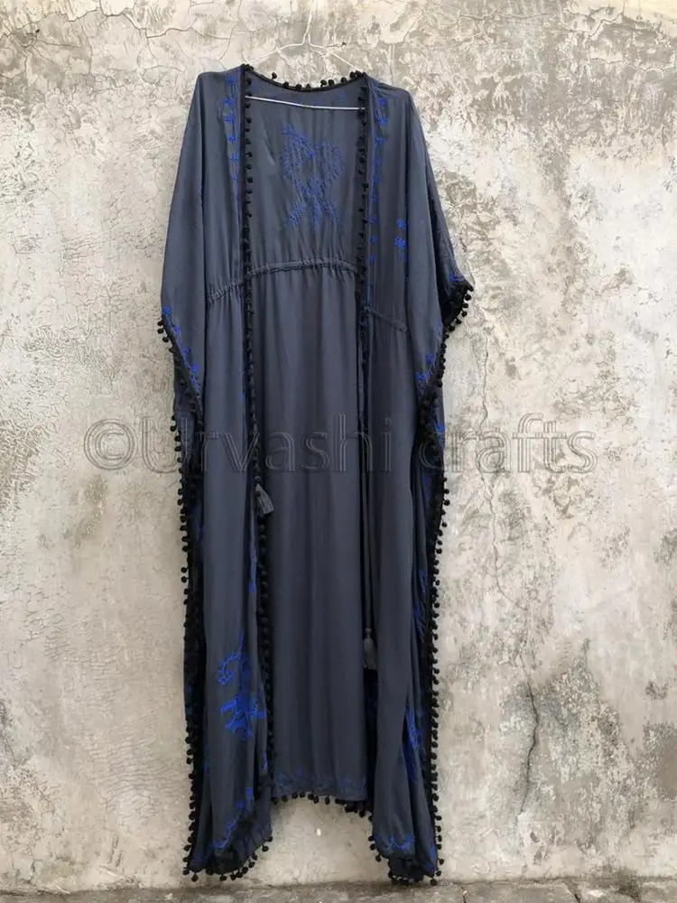 Women Stylish Hand Embroidered with Pom Pom Black Lace Open Front Long Kimono Beach Cover Up