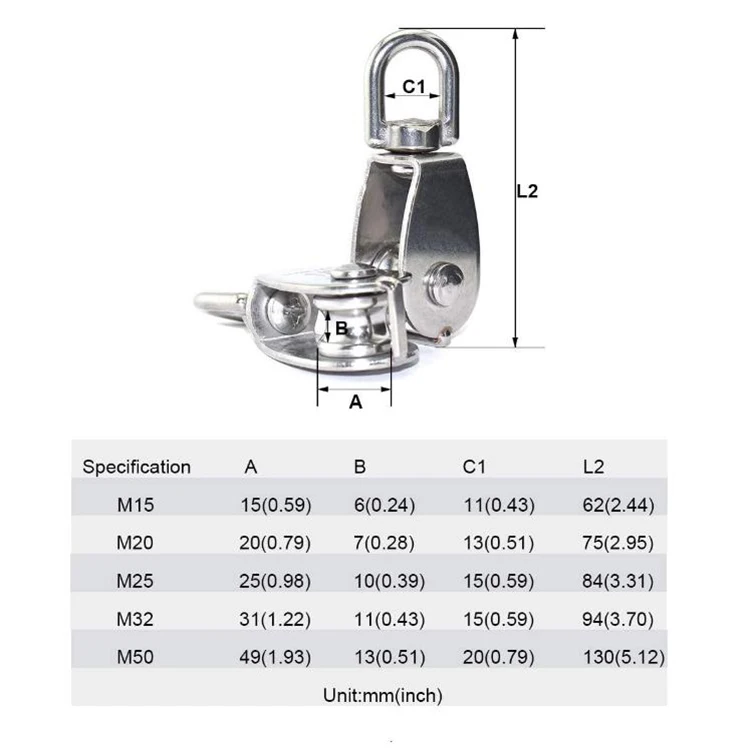 In Stock Wire Rope Hanging Pulley Wheel 304 Stainless Steel M15 Single Pulley Block