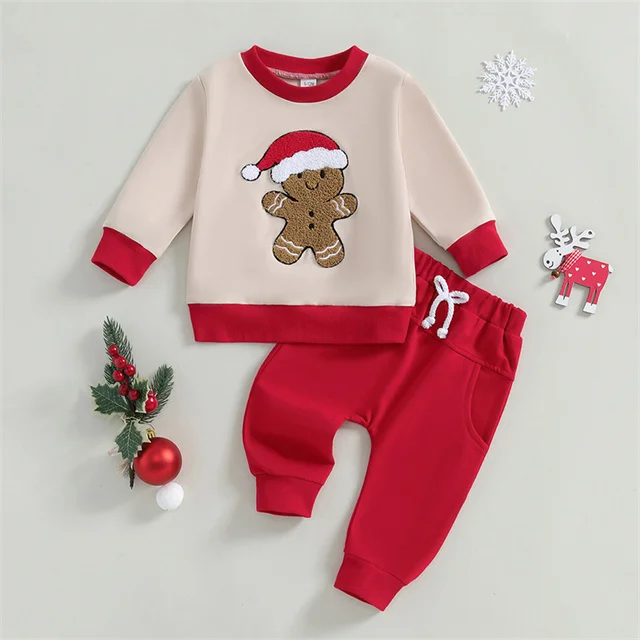 The Gingerbread Man Embroidery Long Sleeve Sweatshirts Long Pants 2Pcs Fall Clothes BaBy Boys Christmas Outfits