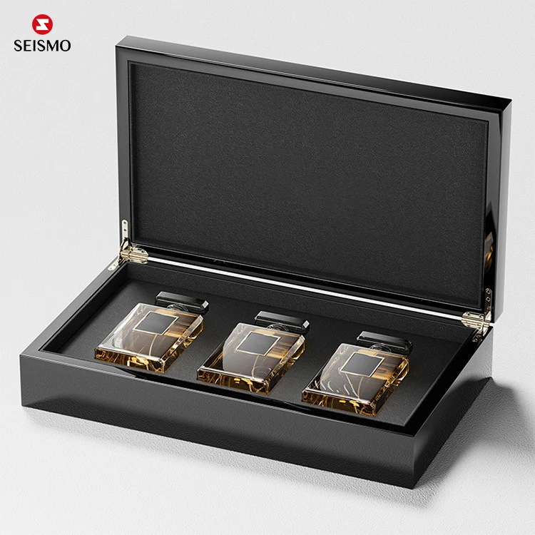Custom Luxury Black Wooden Pack Man Perfumes Collection Package Gift Box Set Packaging For Men With Magnetic Cap