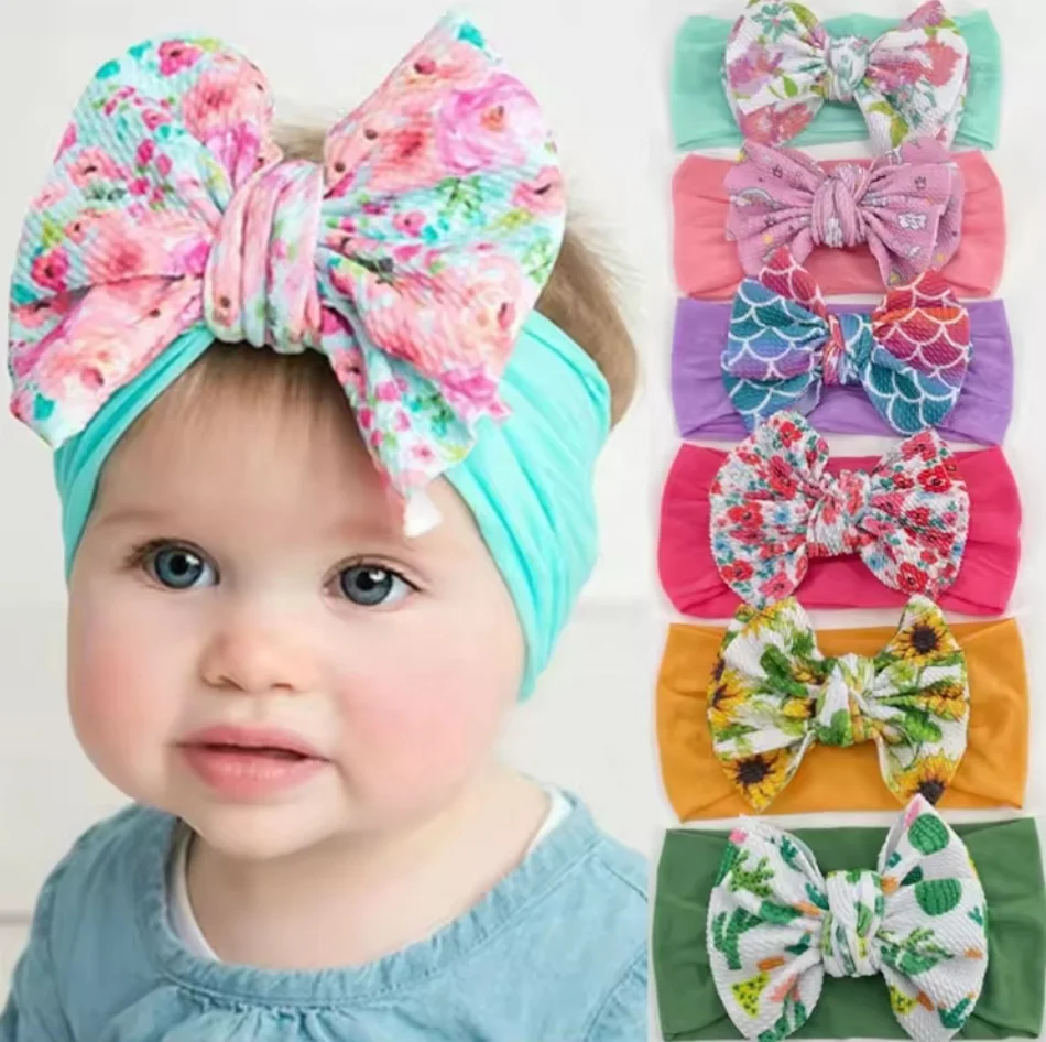 High Stretchy Nylon Turban Baby Girls Floral Printed Bowknot Headband Cute Flower Hairbands Soft Infant Double Layer Hair Band