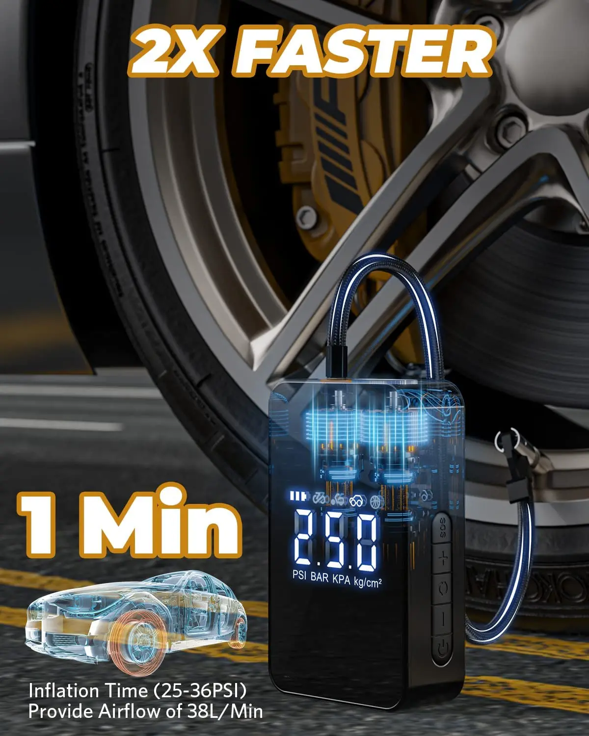 Portable Air Compressor Tire Inflator 12V Portable Air Pump with 6000mAh Battery 140PSI Digital Screen and Emergency LED Light